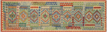 Flat Weave Kilim, Antique, Navaho, Vintage, Handmade, Geometric Kilim Blue Rust Hand-Woven Runner 100% Wool Area Rug 3 x 10